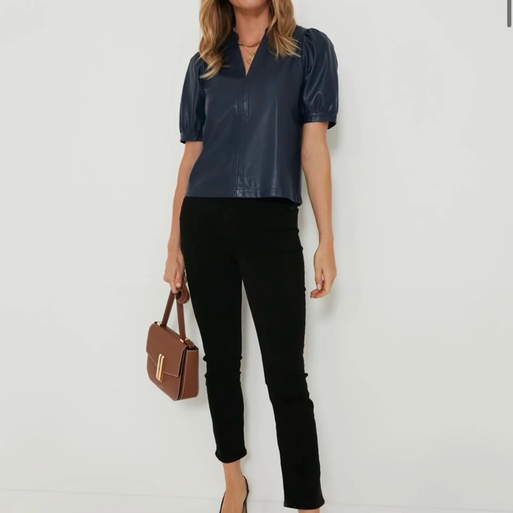 Tuckernuck Hyacinth House Navy Faux Leather Min Top Puff Sleeve Sz XS
